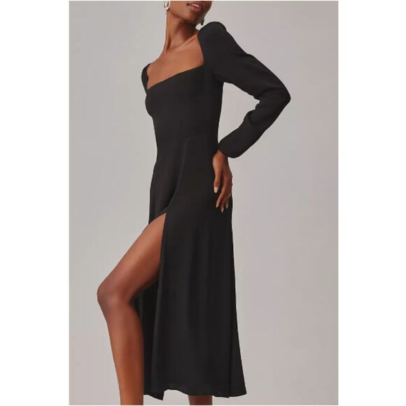 Reformation Classic Flattering Sigmund Dress, Long Sleeves, Slit, Black, Sz 12 - Picture 1 of 15